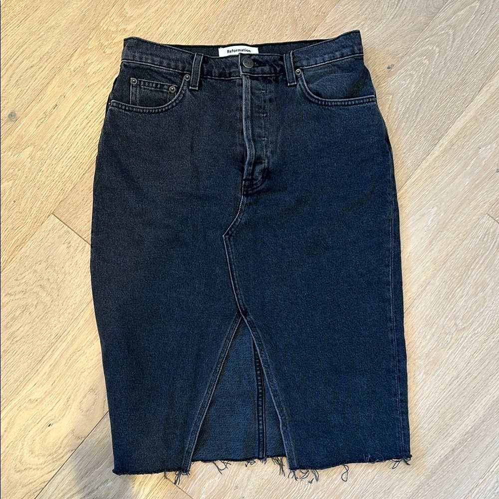 Reformation Black Denim Midi Skirt